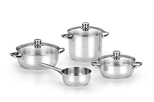 MONIX Optima Batería de 7 Piezas Acero INOX 18/10 Apta para Todo Tipo de Cocina e Inducción: Olla 20 cm Cacerola 20 y 24 cm Cristal y cazo 16 cm sin Tapa